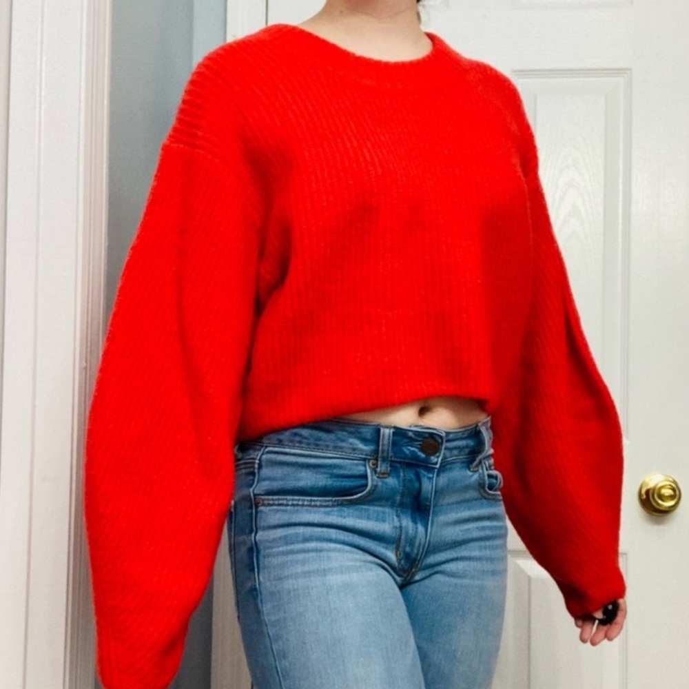 Urban Outfitters Sweater Cropped Red Poofy Balloon Sleeves Knit Bright Medium